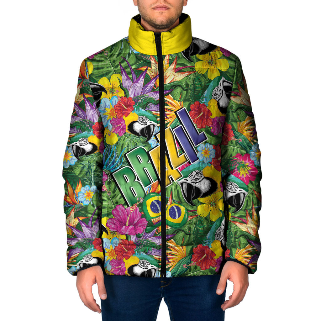 Macaw Parrot Brazil Padded Jacket Maracas Seamless Tropical Flowers