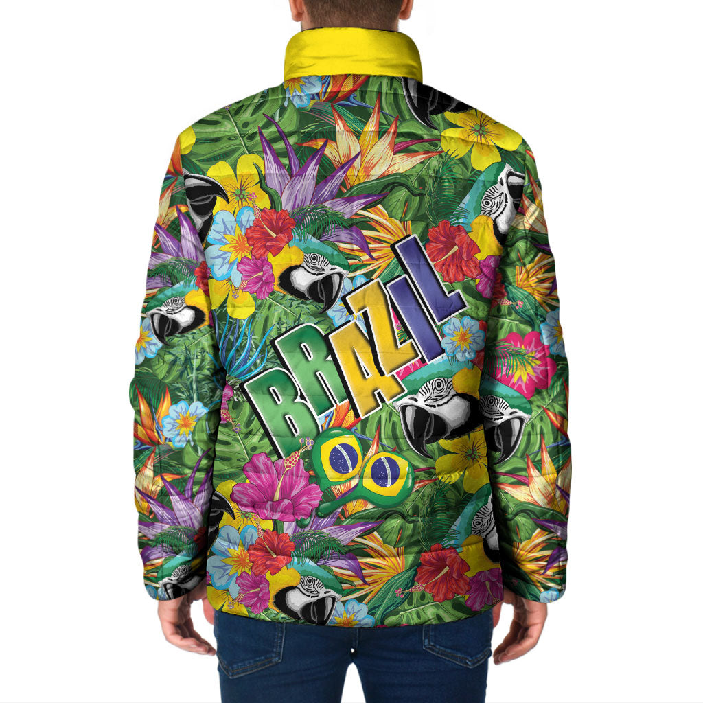 Macaw Parrot Brazil Padded Jacket Maracas Seamless Tropical Flowers