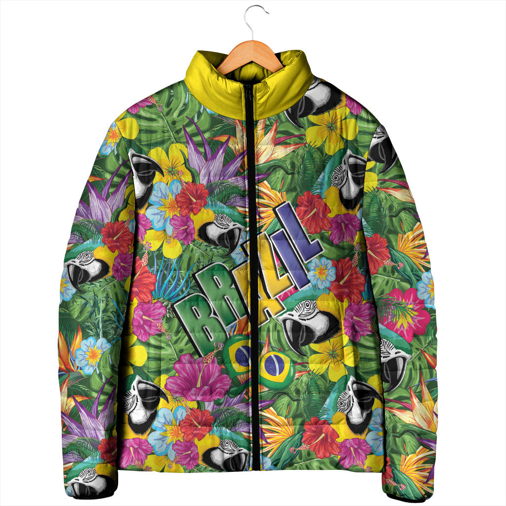 Macaw Parrot Brazil Padded Jacket Maracas Seamless Tropical Flowers