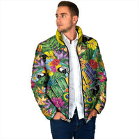 Macaw Parrot Brazil Padded Jacket Maracas Seamless Tropical Flowers