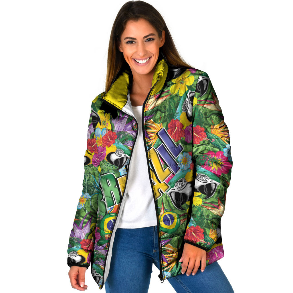 Macaw Parrot Brazil Padded Jacket Maracas Seamless Tropical Flowers
