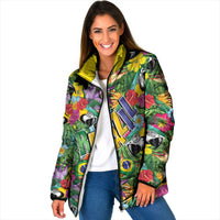 Macaw Parrot Brazil Padded Jacket Maracas Seamless Tropical Flowers