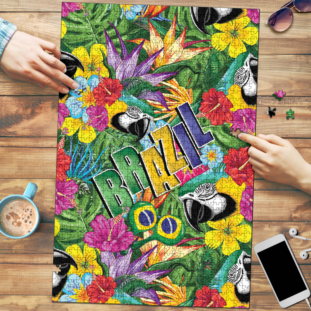 Macaw Parrot Brazil Puzzle Maracas Seamless Tropical Flowers