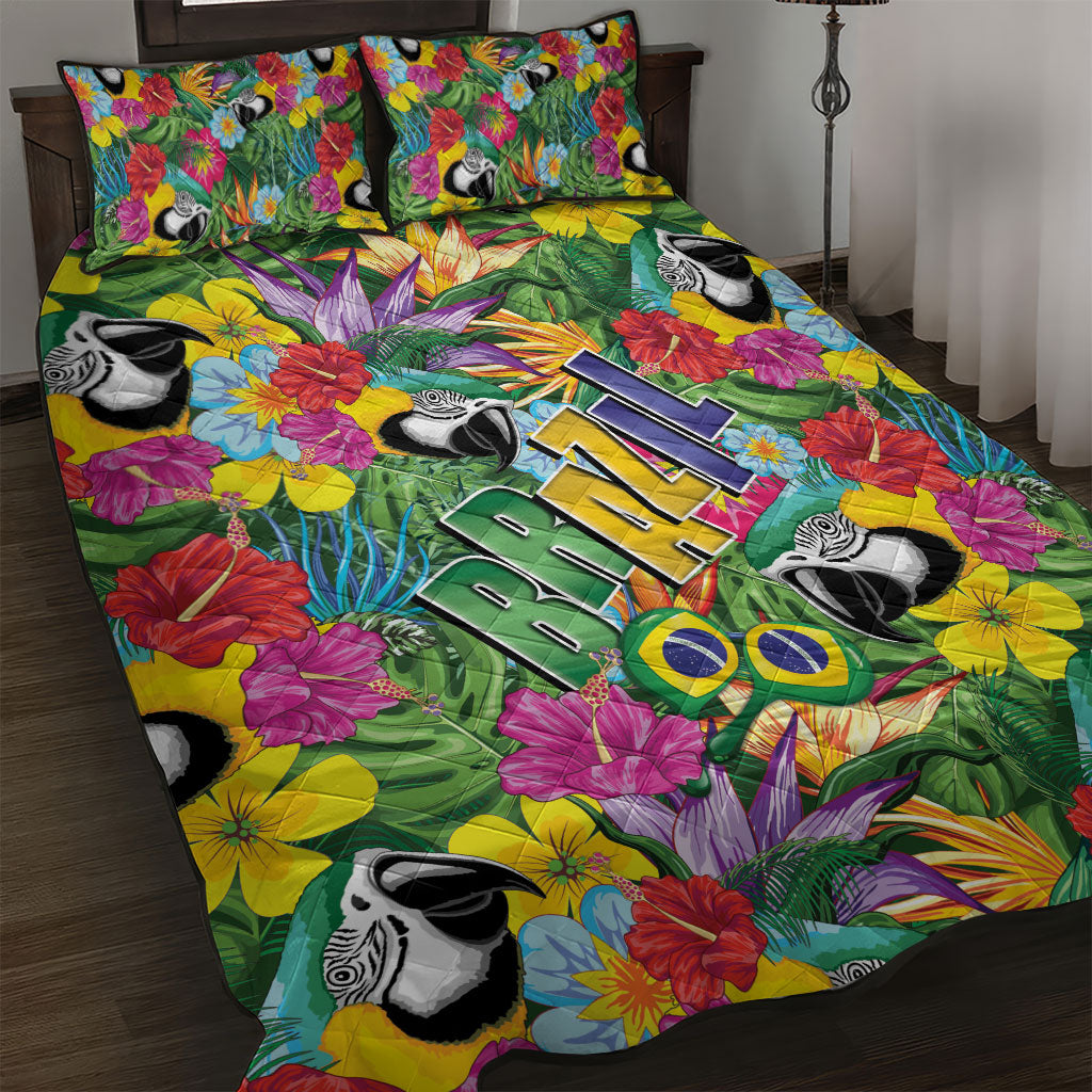 Macaw Parrot Brazil Quilt Bed Set Maracas Seamless Tropical Flowers