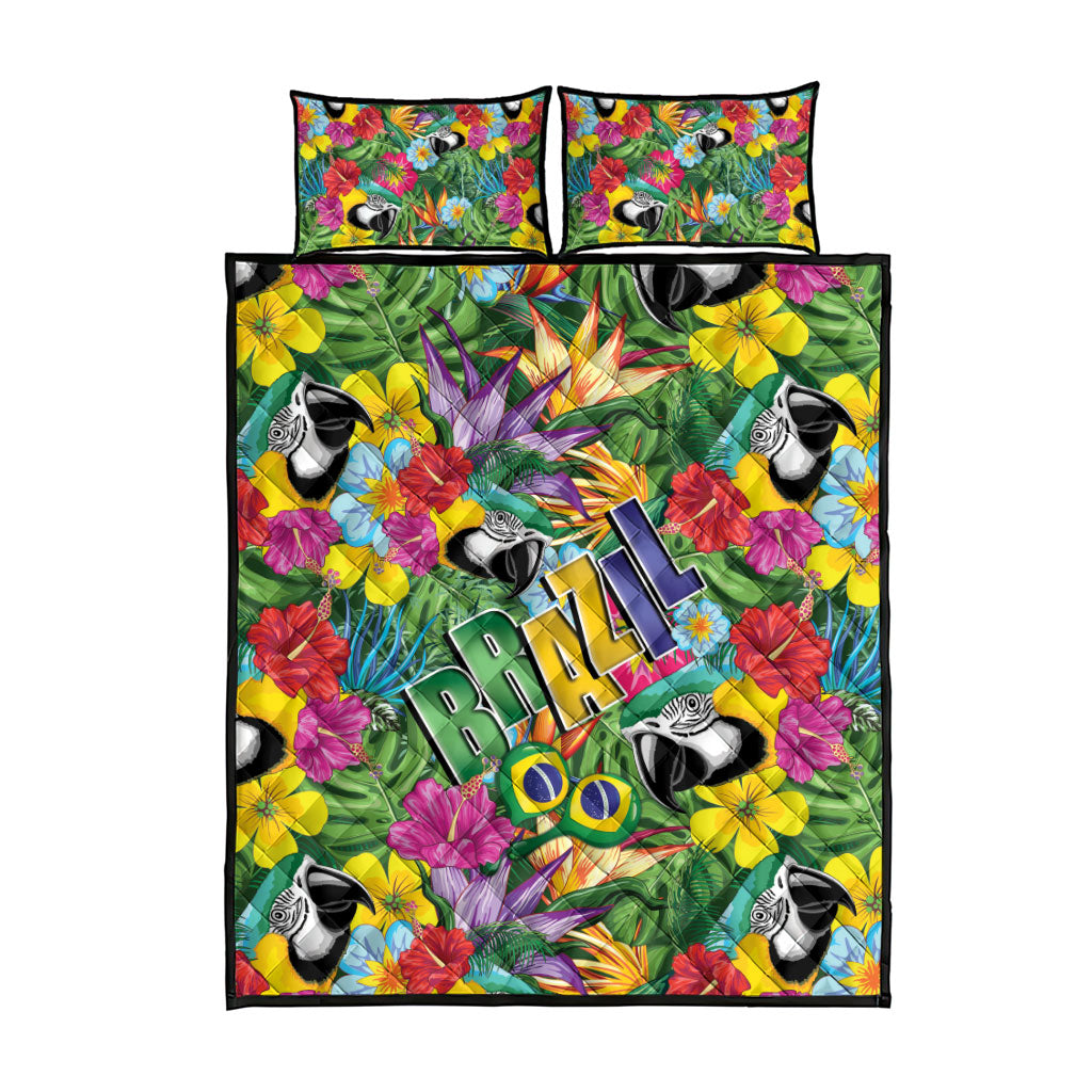Macaw Parrot Brazil Quilt Bed Set Maracas Seamless Tropical Flowers