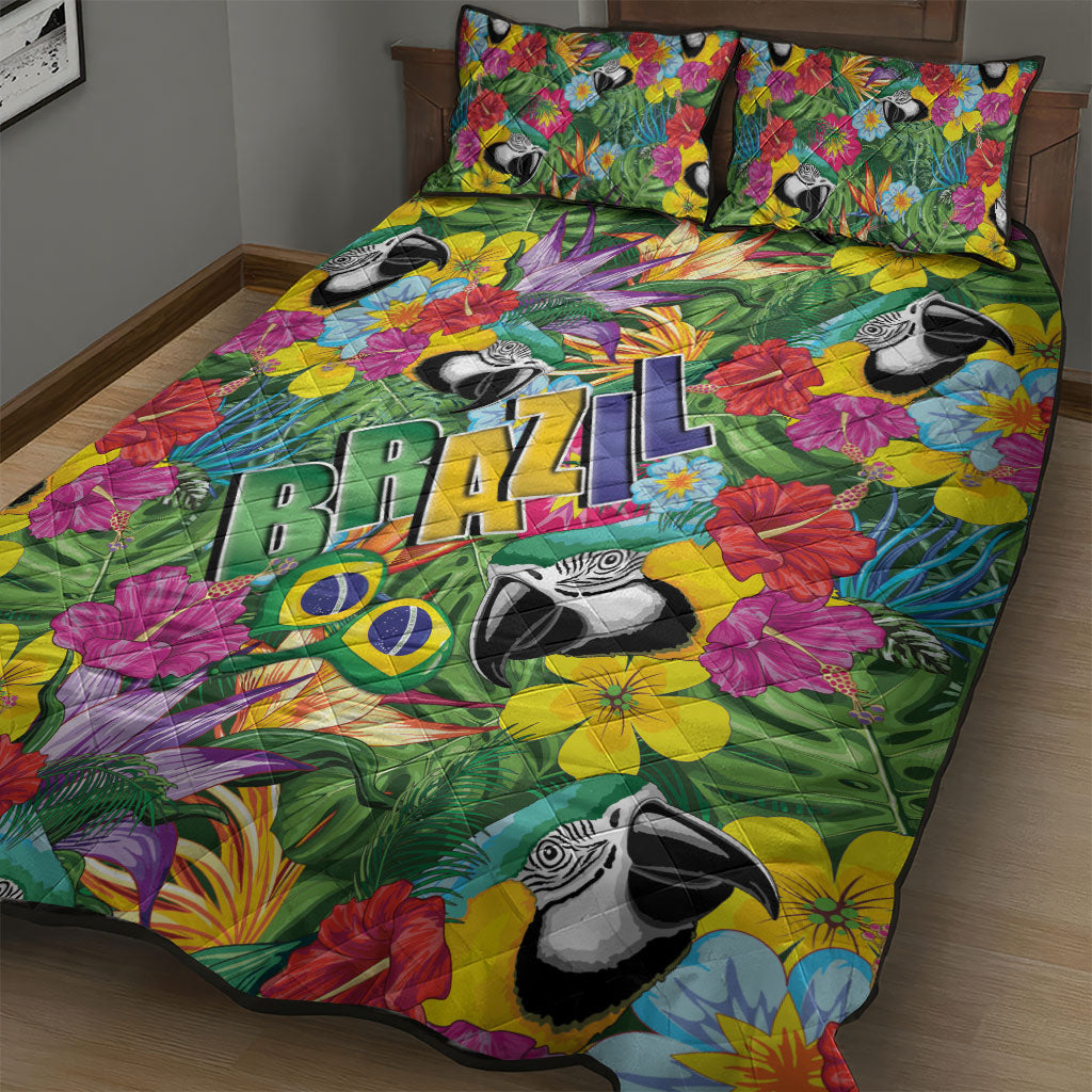 Macaw Parrot Brazil Quilt Bed Set Maracas Seamless Tropical Flowers