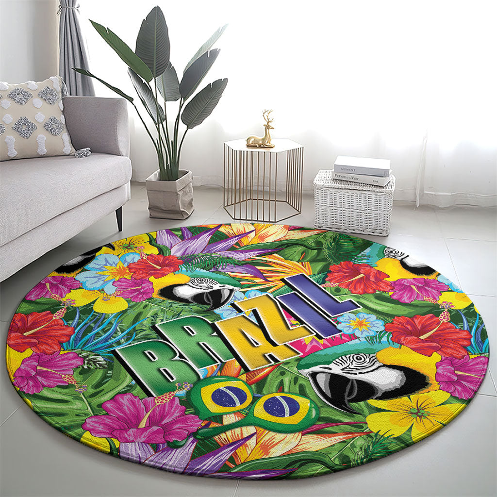 Macaw Parrot Brazil Round Carpet Maracas Seamless Tropical Flowers