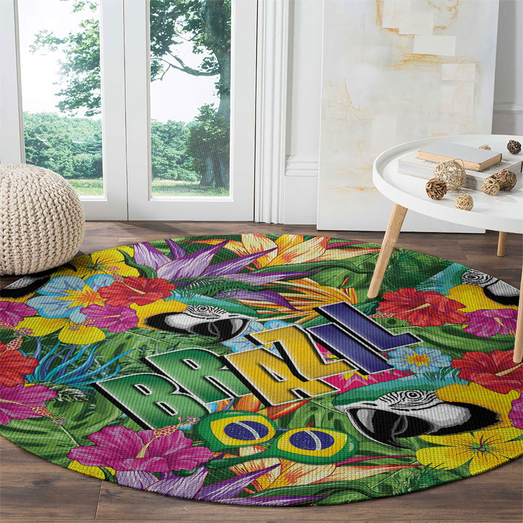 Macaw Parrot Brazil Round Carpet Maracas Seamless Tropical Flowers