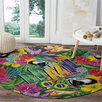 Macaw Parrot Brazil Round Carpet Maracas Seamless Tropical Flowers