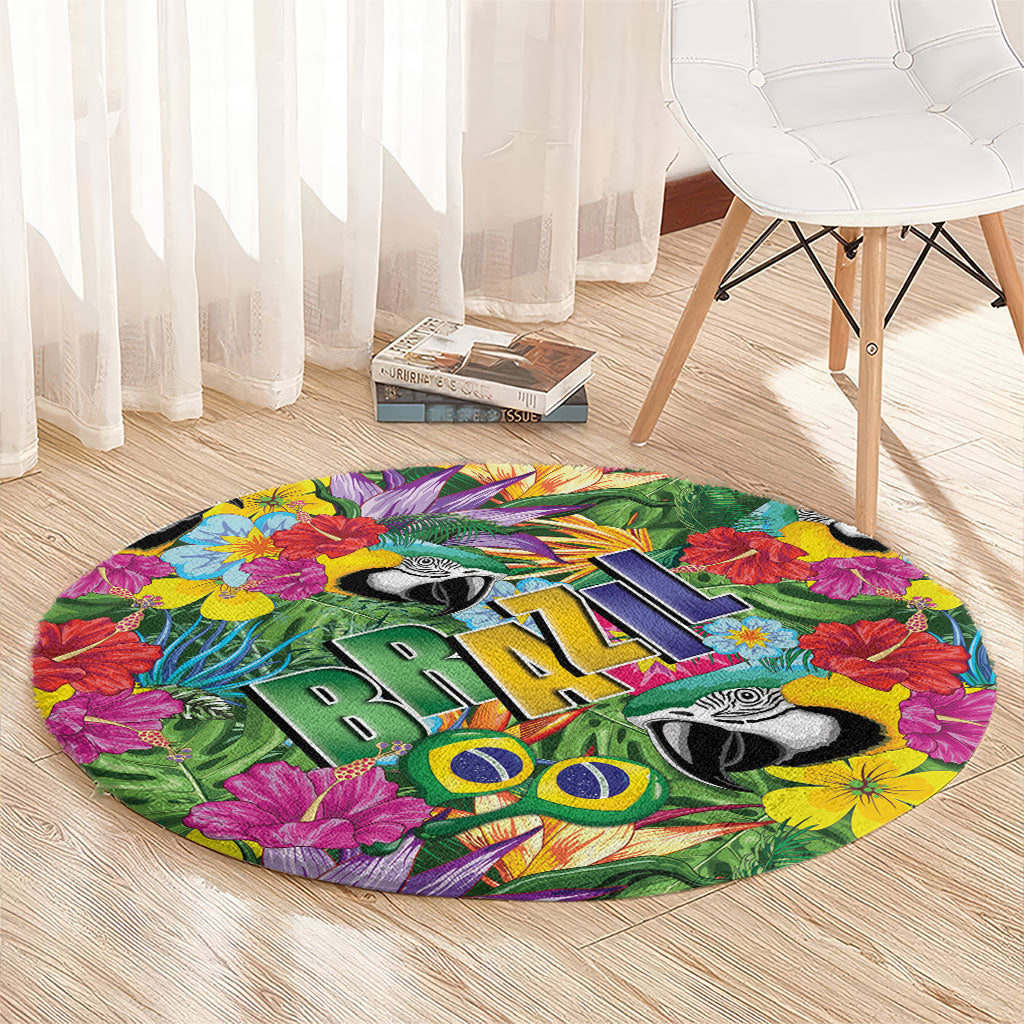 Macaw Parrot Brazil Round Carpet Maracas Seamless Tropical Flowers