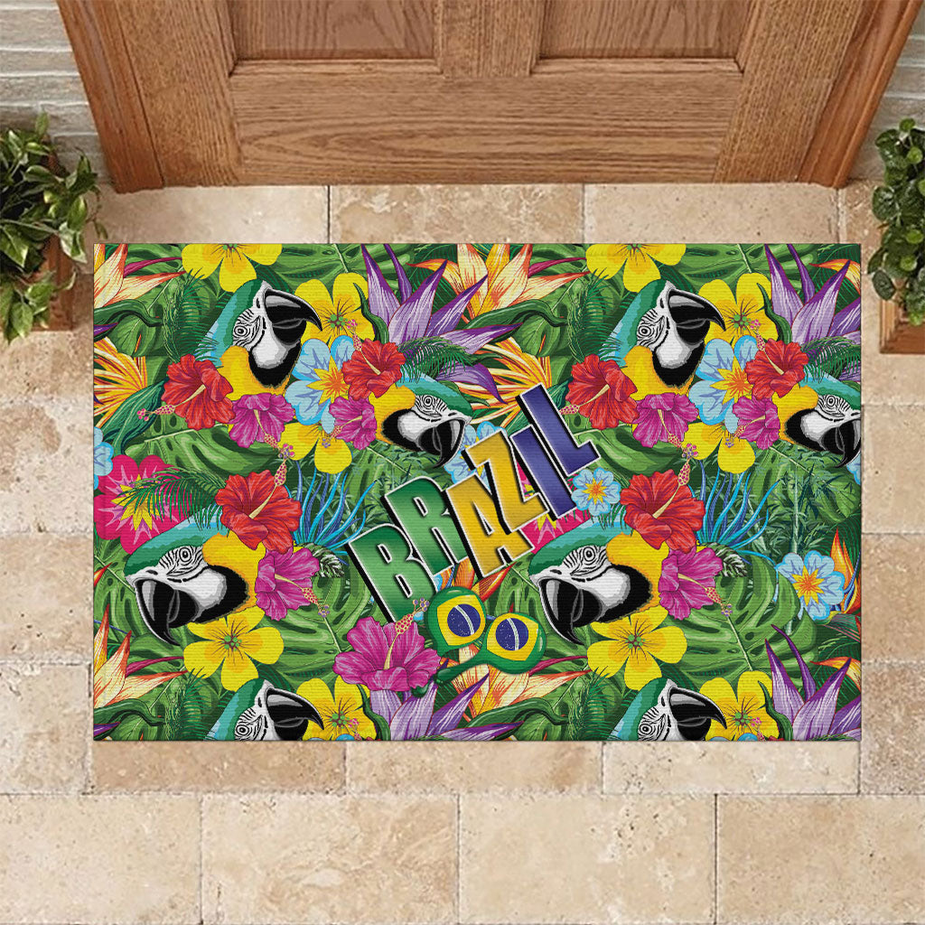 Macaw Parrot Brazil Rubber Doormat Maracas Seamless Tropical Flowers