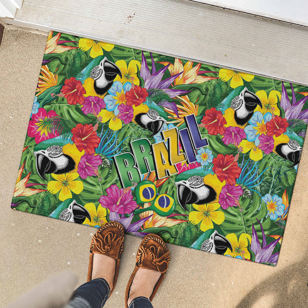 Macaw Parrot Brazil Rubber Doormat Maracas Seamless Tropical Flowers