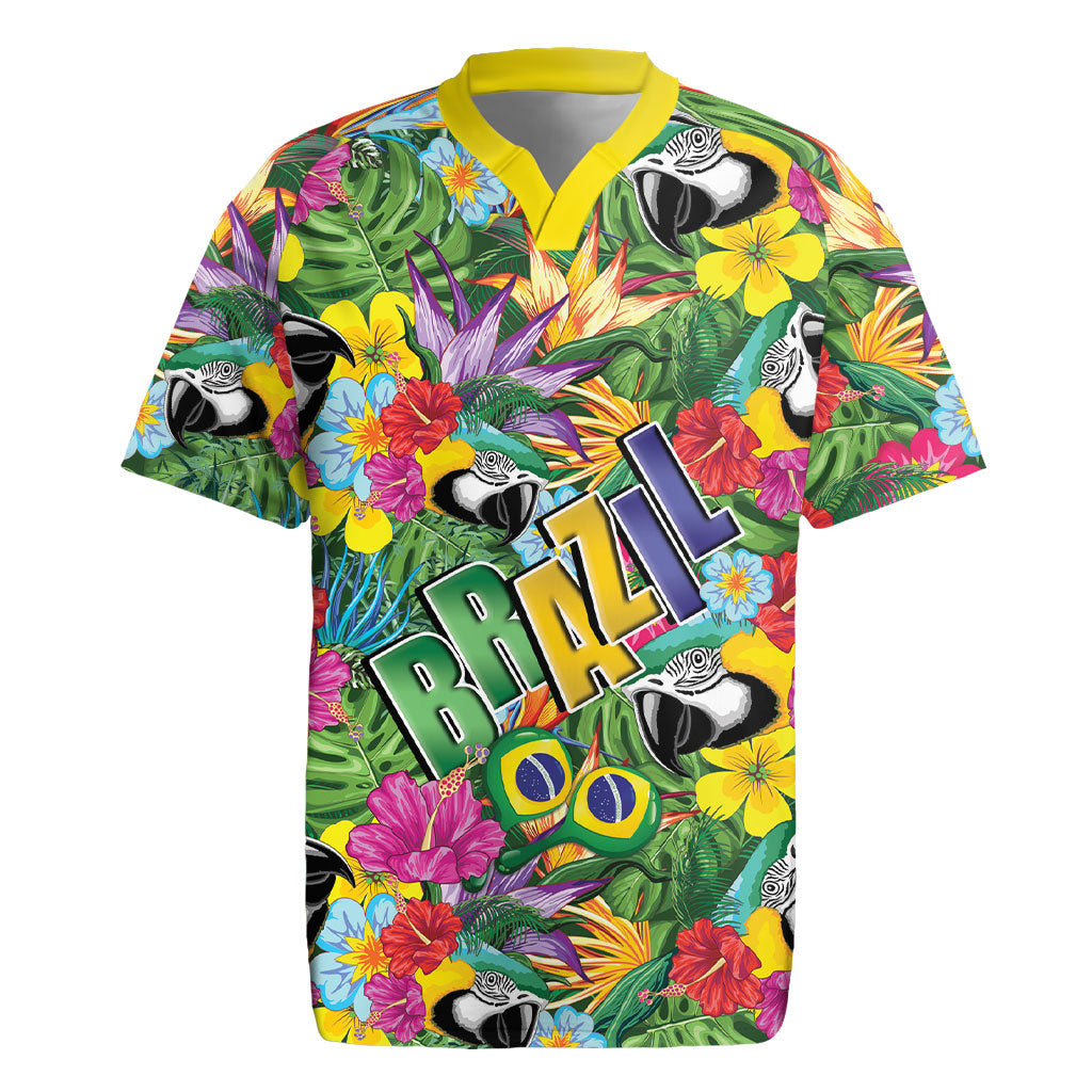 Macaw Parrot Brazil Rugby Jersey Maracas Seamless Tropical Flowers