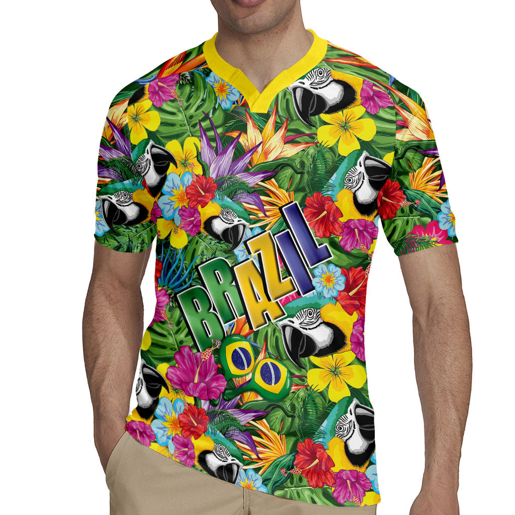 Macaw Parrot Brazil Rugby Jersey Maracas Seamless Tropical Flowers