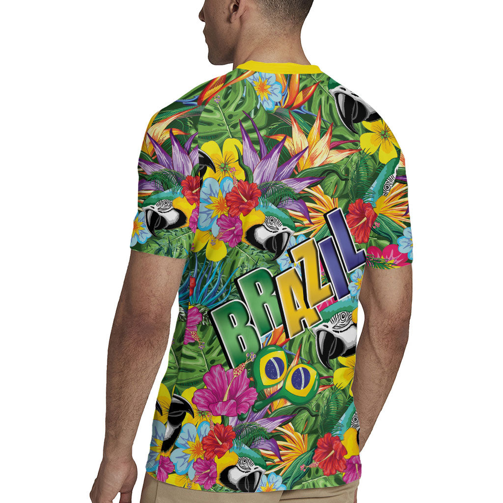 Macaw Parrot Brazil Rugby Jersey Maracas Seamless Tropical Flowers