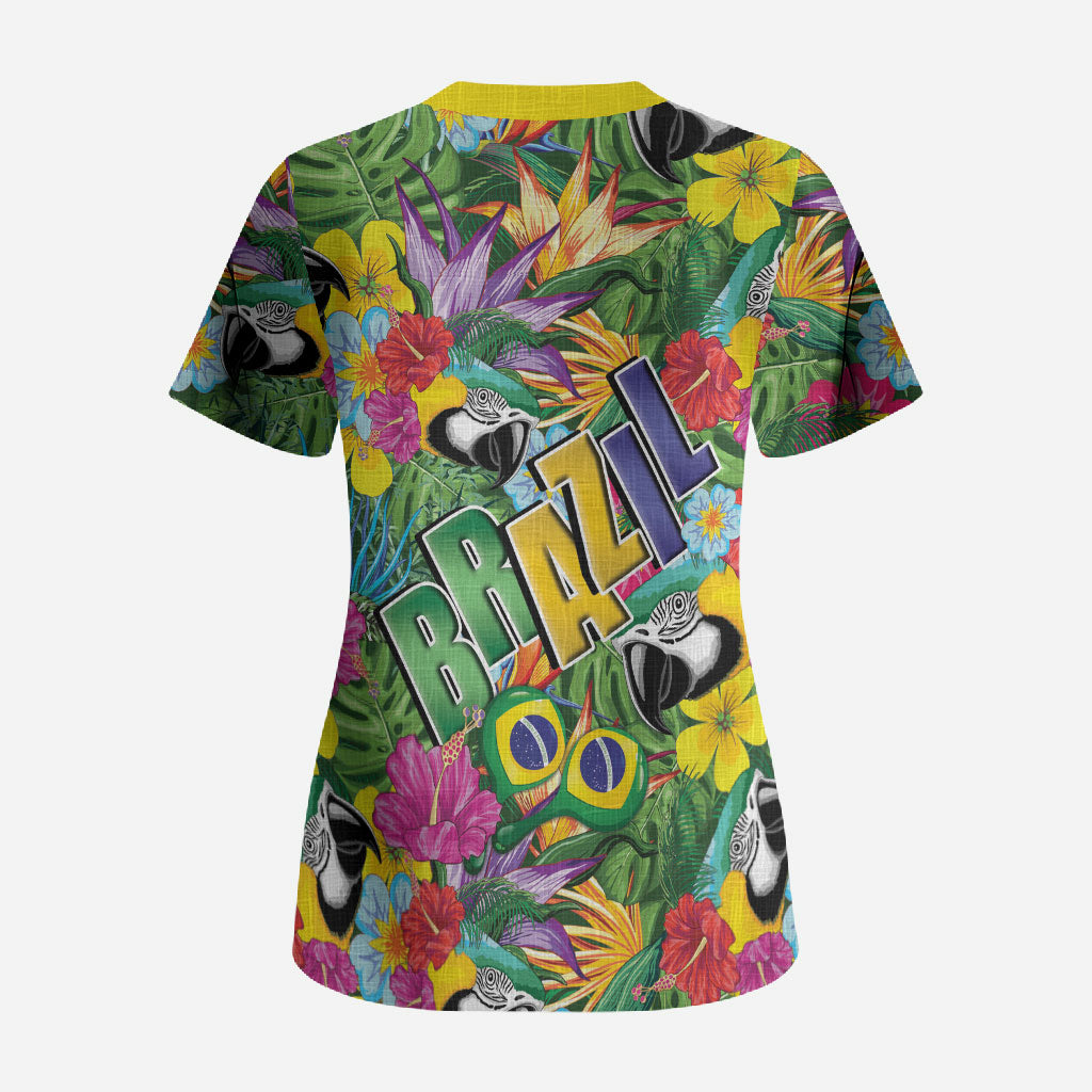 Macaw Parrot Brazil Scrub Top Maracas Seamless Tropical Flowers