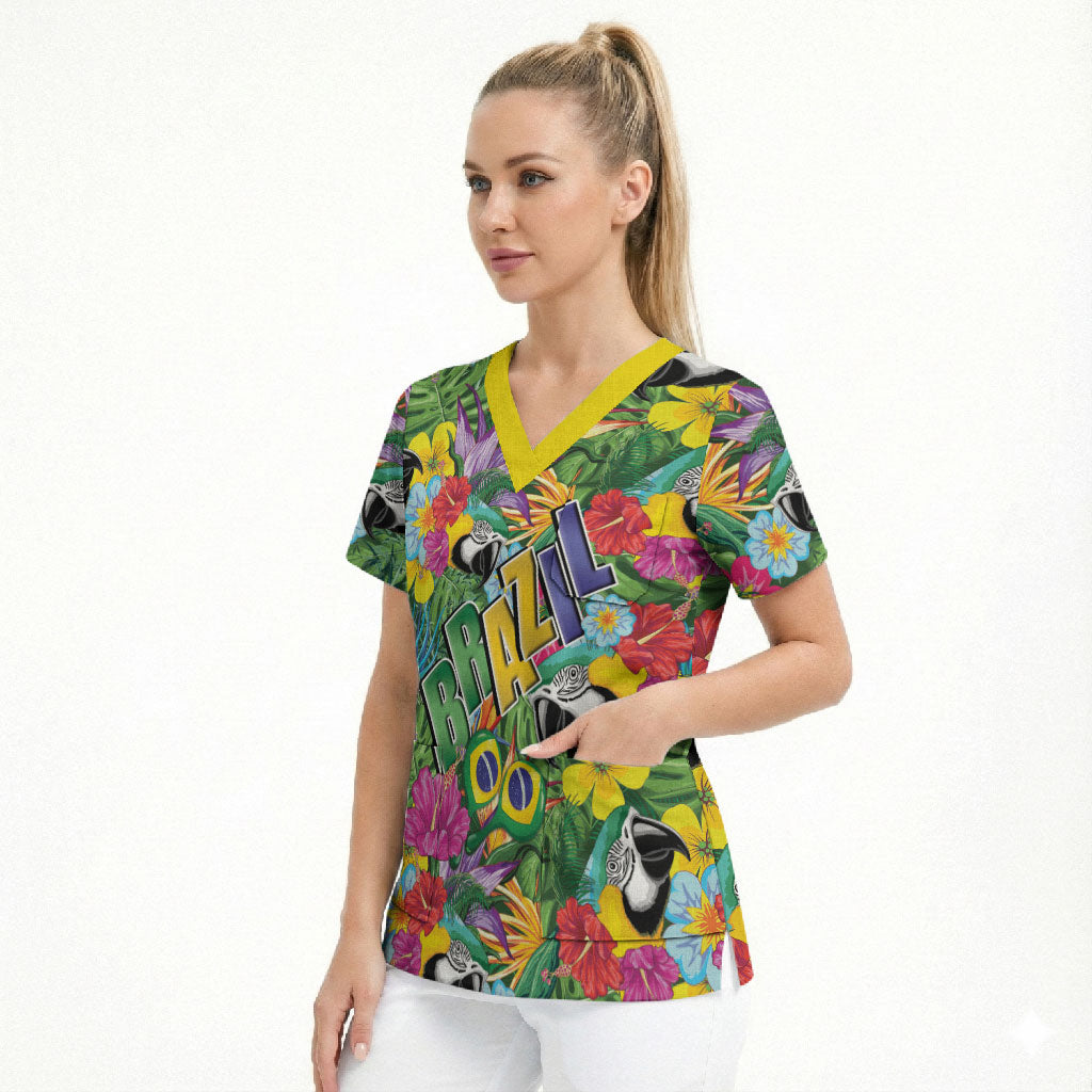 Macaw Parrot Brazil Scrub Top Maracas Seamless Tropical Flowers