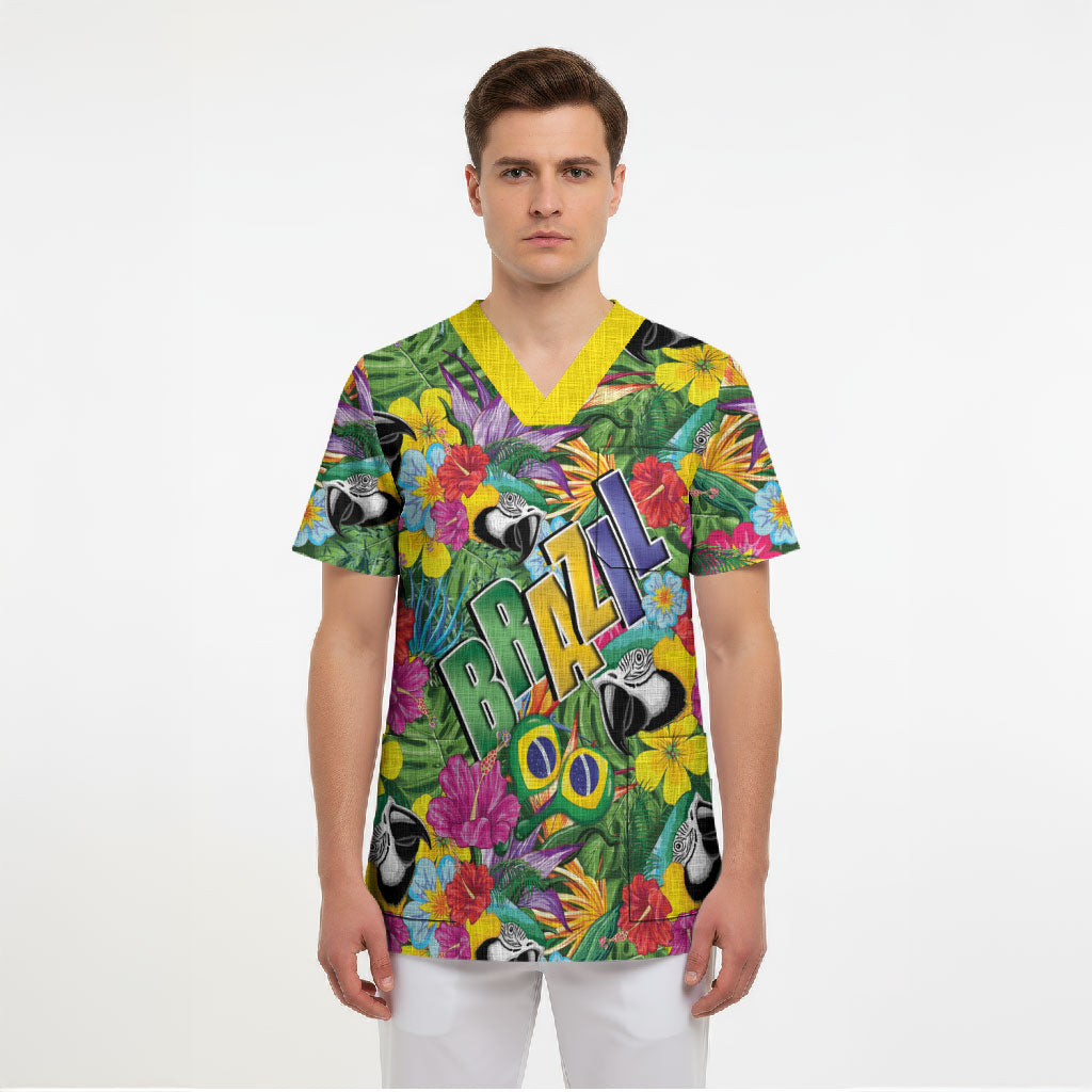 Macaw Parrot Brazil Scrub Top Maracas Seamless Tropical Flowers