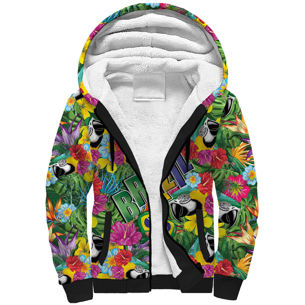 Macaw Parrot Brazil Sherpa Hoodie Maracas Seamless Tropical Flowers