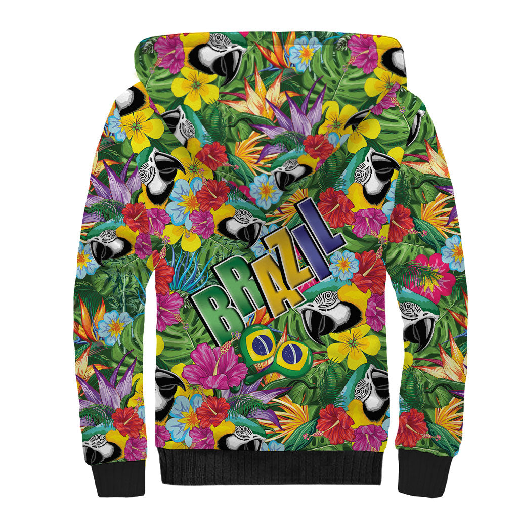 Macaw Parrot Brazil Sherpa Hoodie Maracas Seamless Tropical Flowers