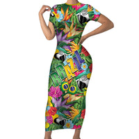 Macaw Parrot Brazil Short Sleeve Bodycon Dress Maracas Seamless Tropical Flowers