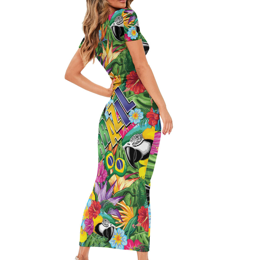 Macaw Parrot Brazil Short Sleeve Bodycon Dress Maracas Seamless Tropical Flowers