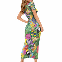 Macaw Parrot Brazil Short Sleeve Bodycon Dress Maracas Seamless Tropical Flowers LT14