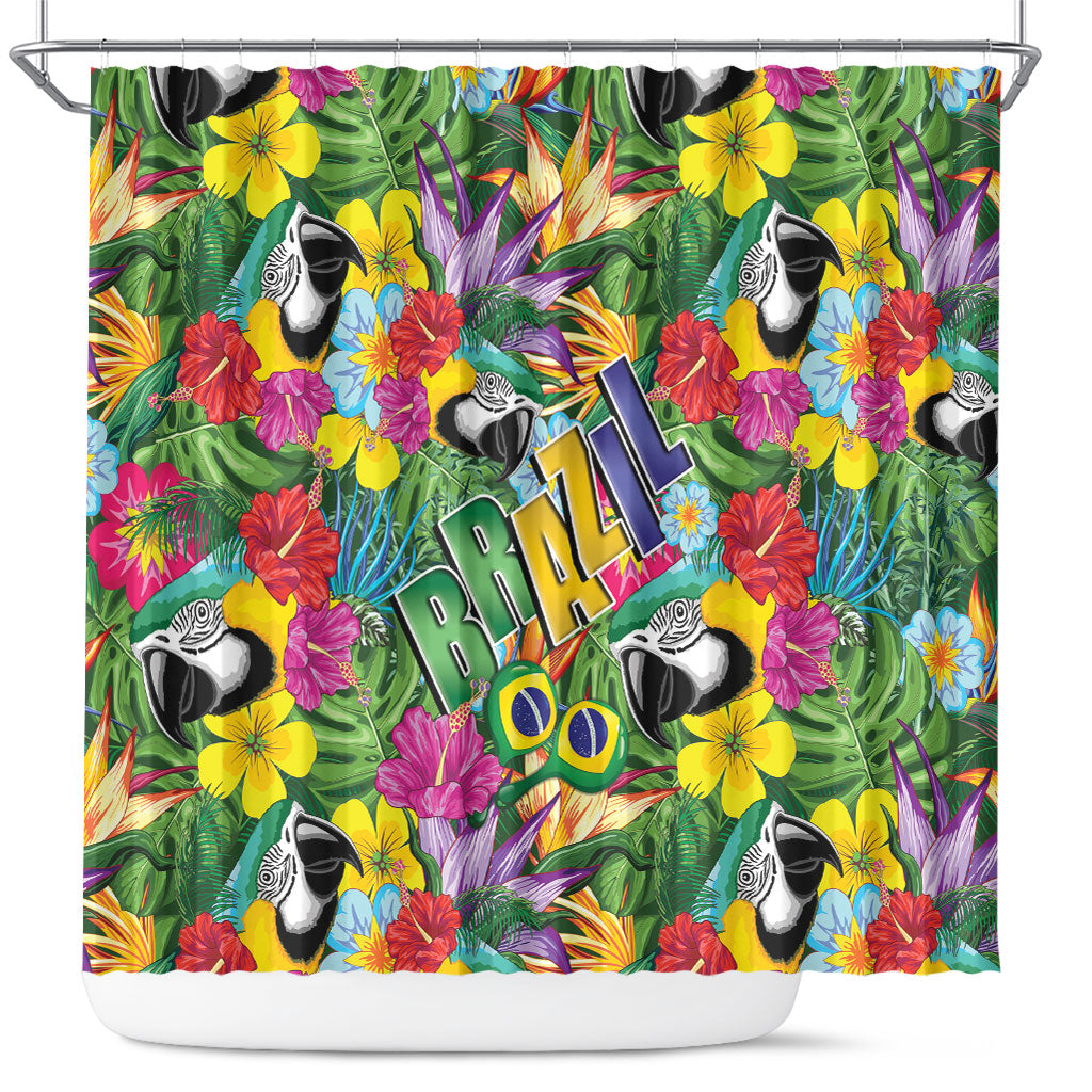 Macaw Parrot Brazil Shower Curtain Maracas Seamless Tropical Flowers