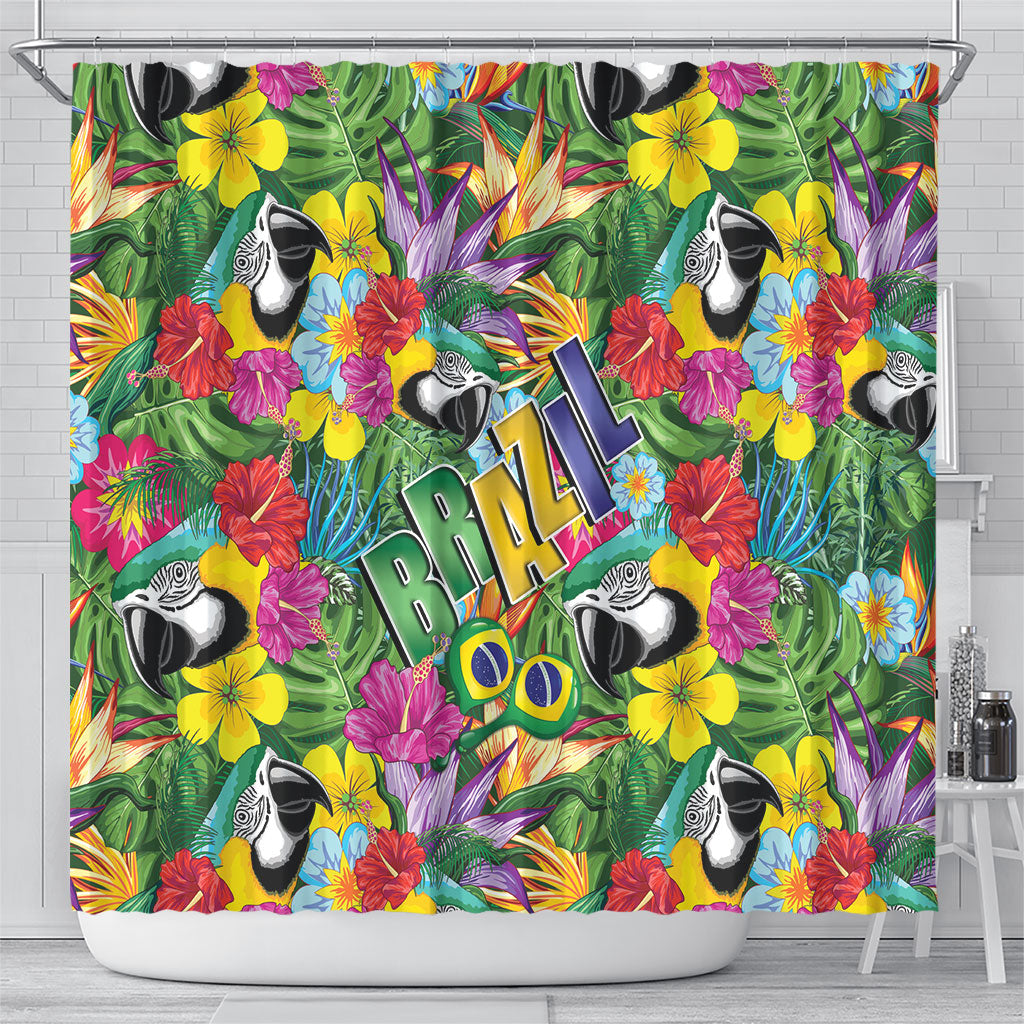 Macaw Parrot Brazil Shower Curtain Maracas Seamless Tropical Flowers