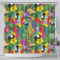 Macaw Parrot Brazil Shower Curtain Maracas Seamless Tropical Flowers