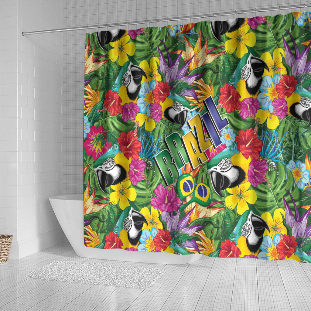 Macaw Parrot Brazil Shower Curtain Maracas Seamless Tropical Flowers