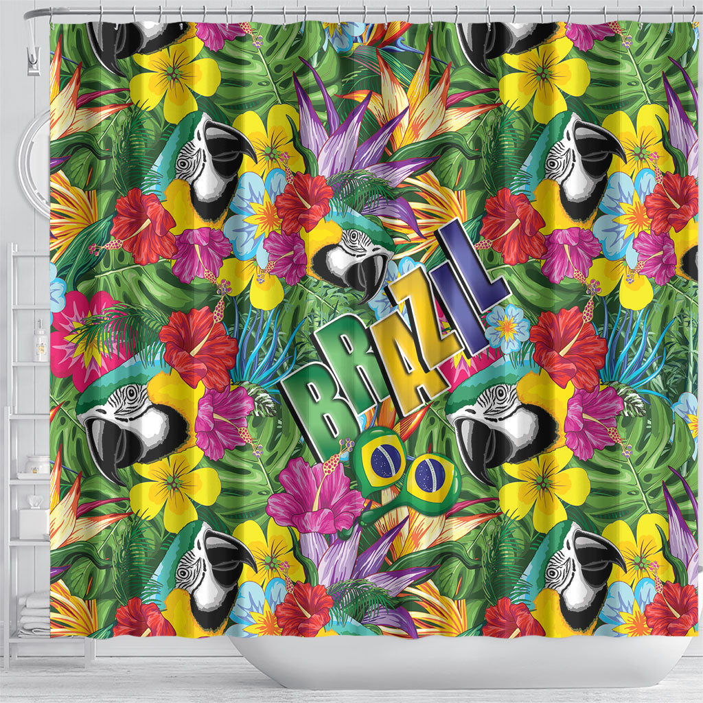 Macaw Parrot Brazil Shower Curtain Maracas Seamless Tropical Flowers