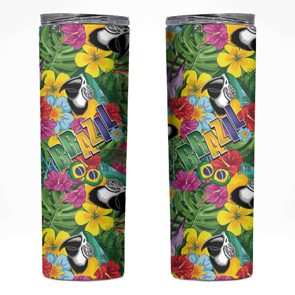 Macaw Parrot Brazil Skinny Tumbler Maracas Seamless Tropical Flowers