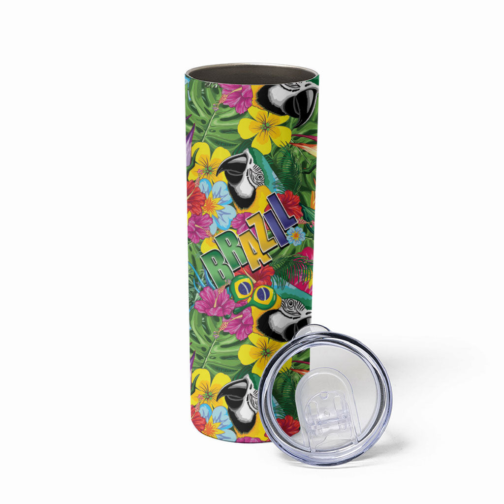 Macaw Parrot Brazil Skinny Tumbler Maracas Seamless Tropical Flowers