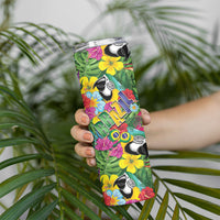 Macaw Parrot Brazil Skinny Tumbler Maracas Seamless Tropical Flowers