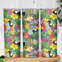 Macaw Parrot Brazil Skinny Tumbler Maracas Seamless Tropical Flowers