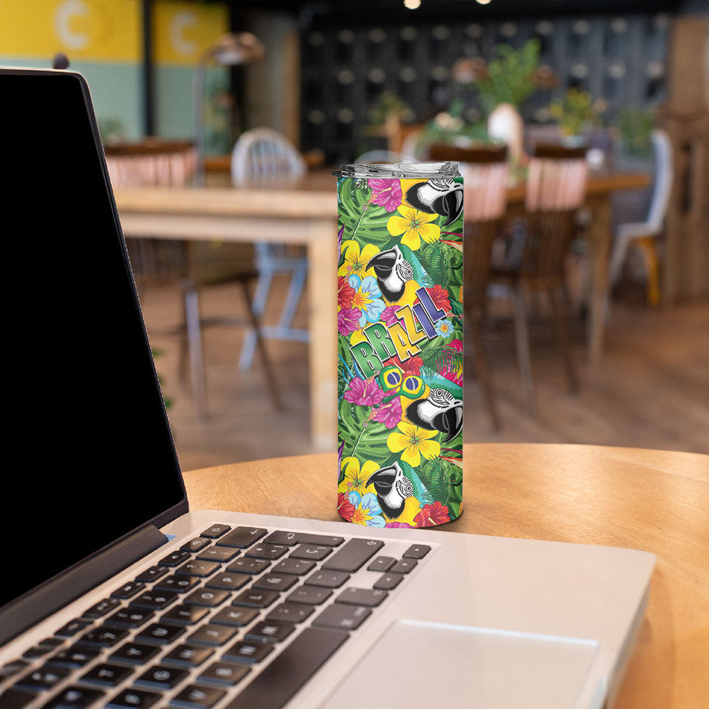 Macaw Parrot Brazil Skinny Tumbler Maracas Seamless Tropical Flowers
