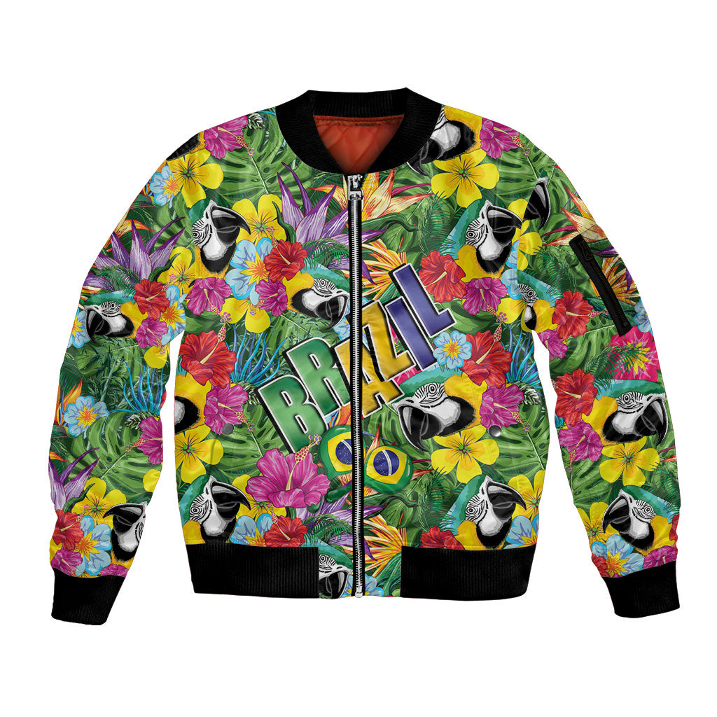 Macaw Parrot Brazil Sleeve Zip Bomber Jacket Maracas Seamless Tropical Flowers