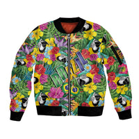 Macaw Parrot Brazil Sleeve Zip Bomber Jacket Maracas Seamless Tropical Flowers