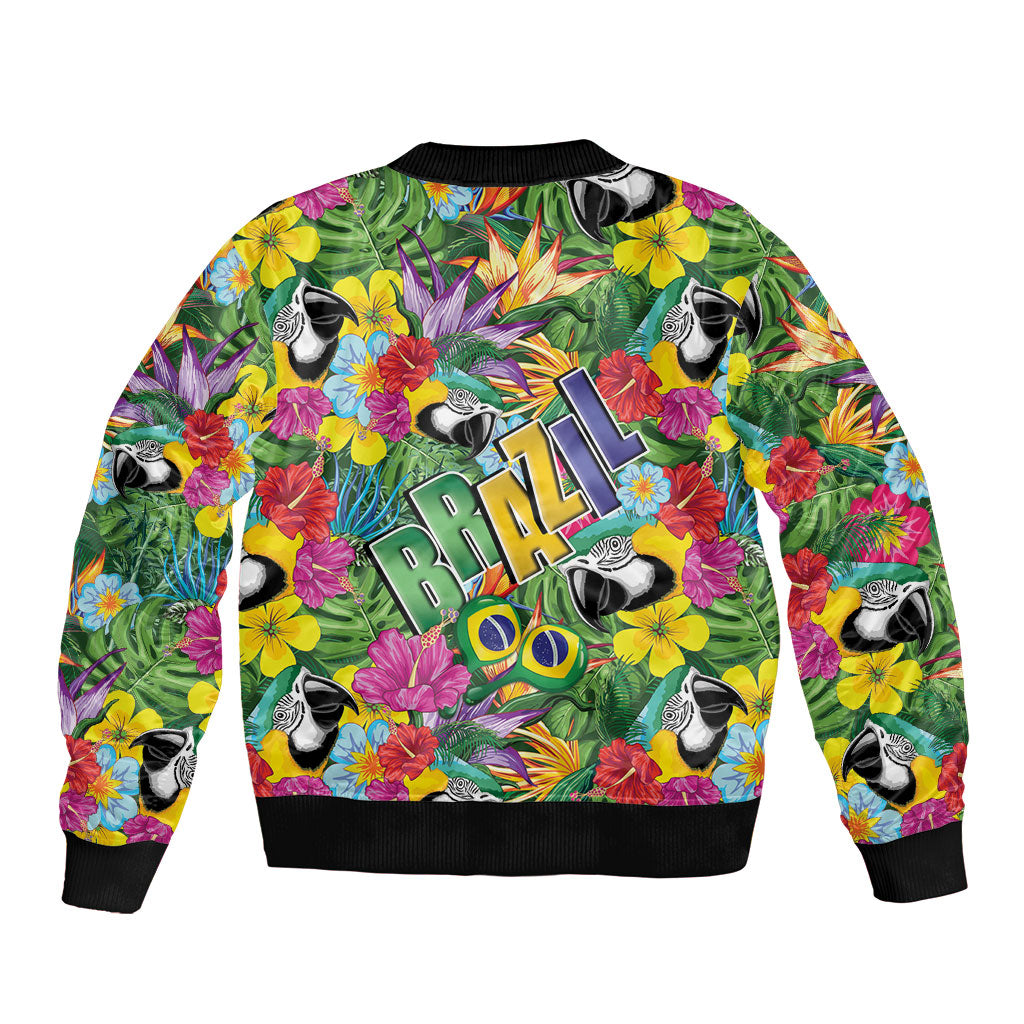 Macaw Parrot Brazil Sleeve Zip Bomber Jacket Maracas Seamless Tropical Flowers