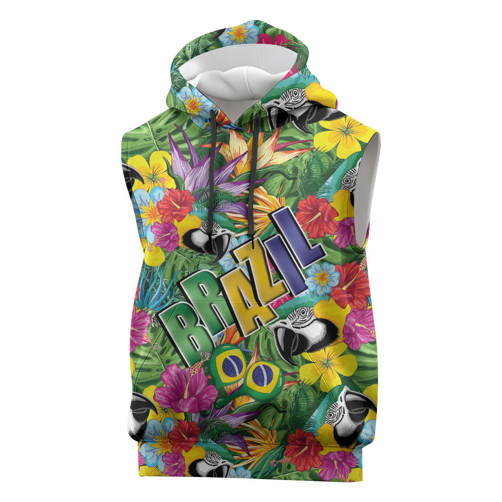 Macaw Parrot Brazil Sleeveless Hoodie Maracas Seamless Tropical Flowers