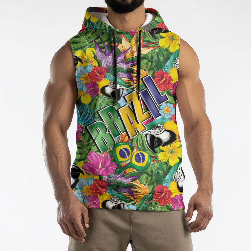 Macaw Parrot Brazil Sleeveless Hoodie Maracas Seamless Tropical Flowers