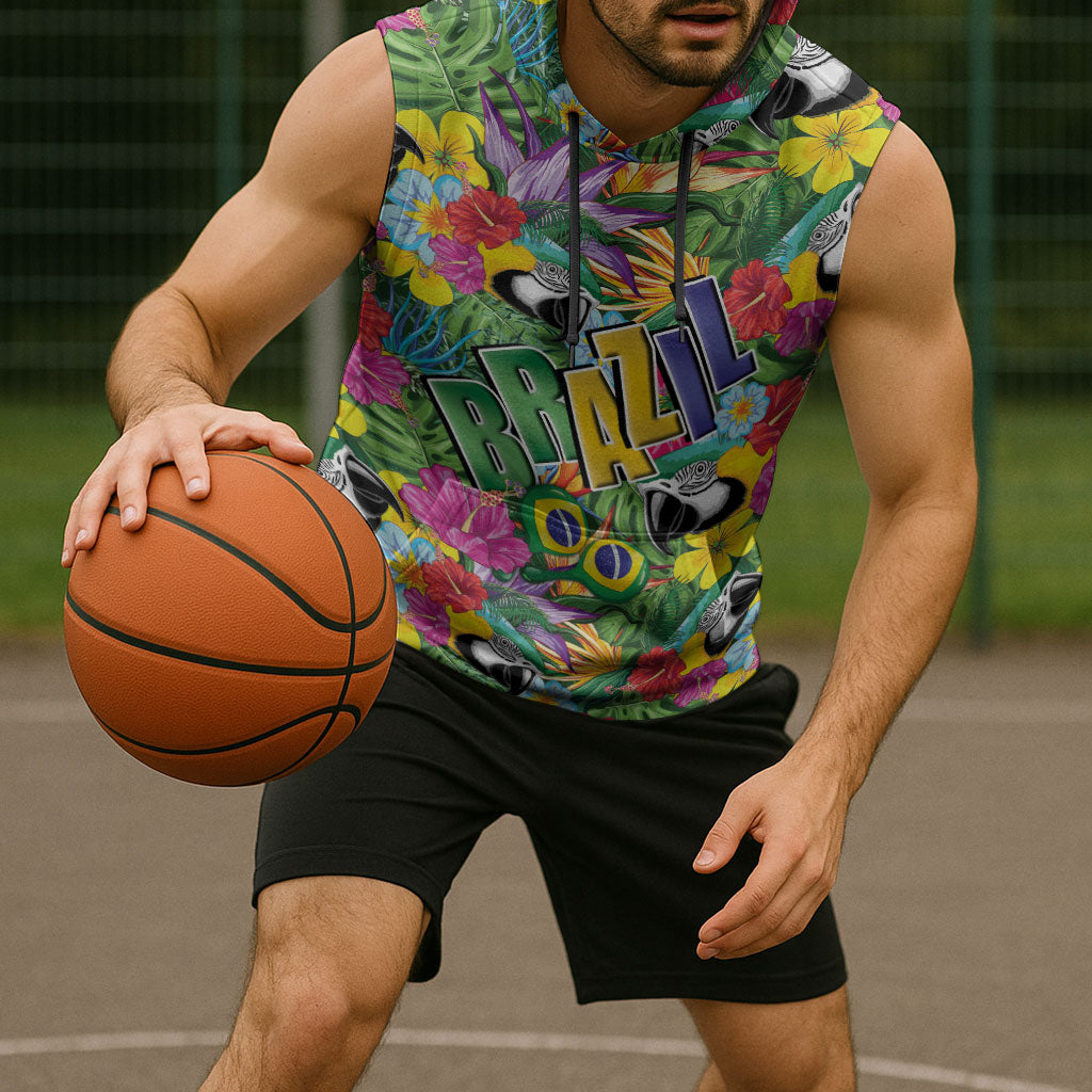 Macaw Parrot Brazil Sleeveless Hoodie Maracas Seamless Tropical Flowers