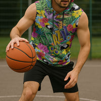 Macaw Parrot Brazil Sleeveless Hoodie Maracas Seamless Tropical Flowers