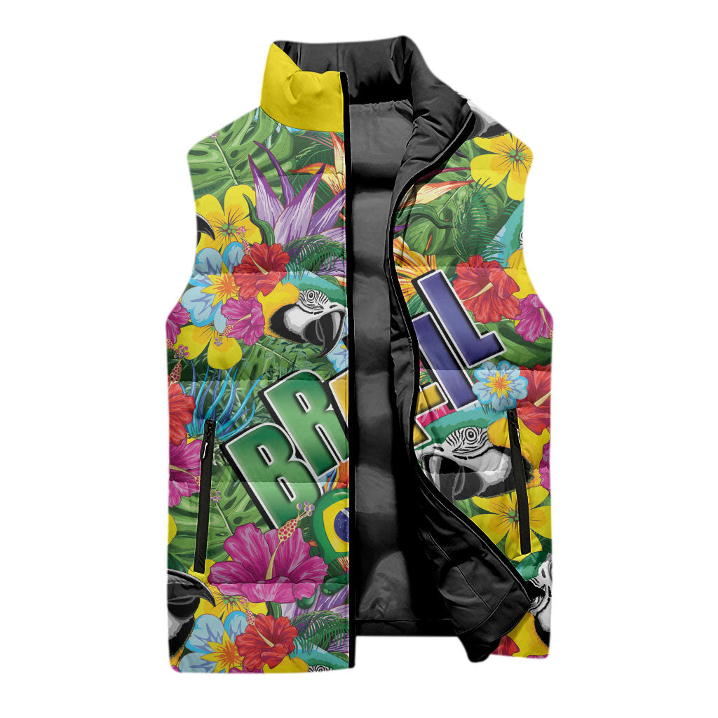 Macaw Parrot Brazil Sleeveless Puffer Jacket Maracas Seamless Tropical Flowers