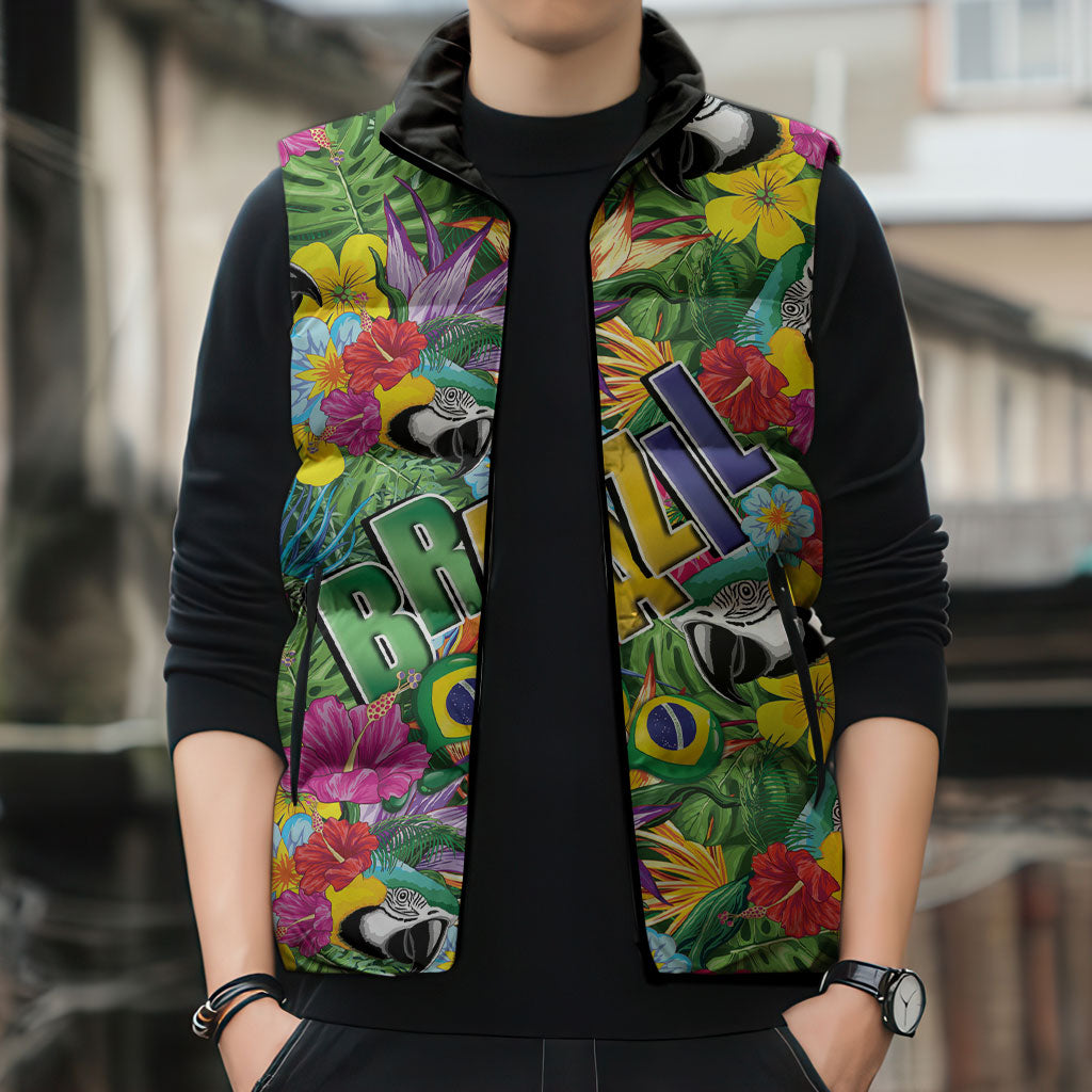 Macaw Parrot Brazil Sleeveless Puffer Jacket Maracas Seamless Tropical Flowers