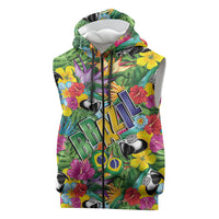 Macaw Parrot Brazil Sleeveless Zip Hoodie Maracas Seamless Tropical Flowers