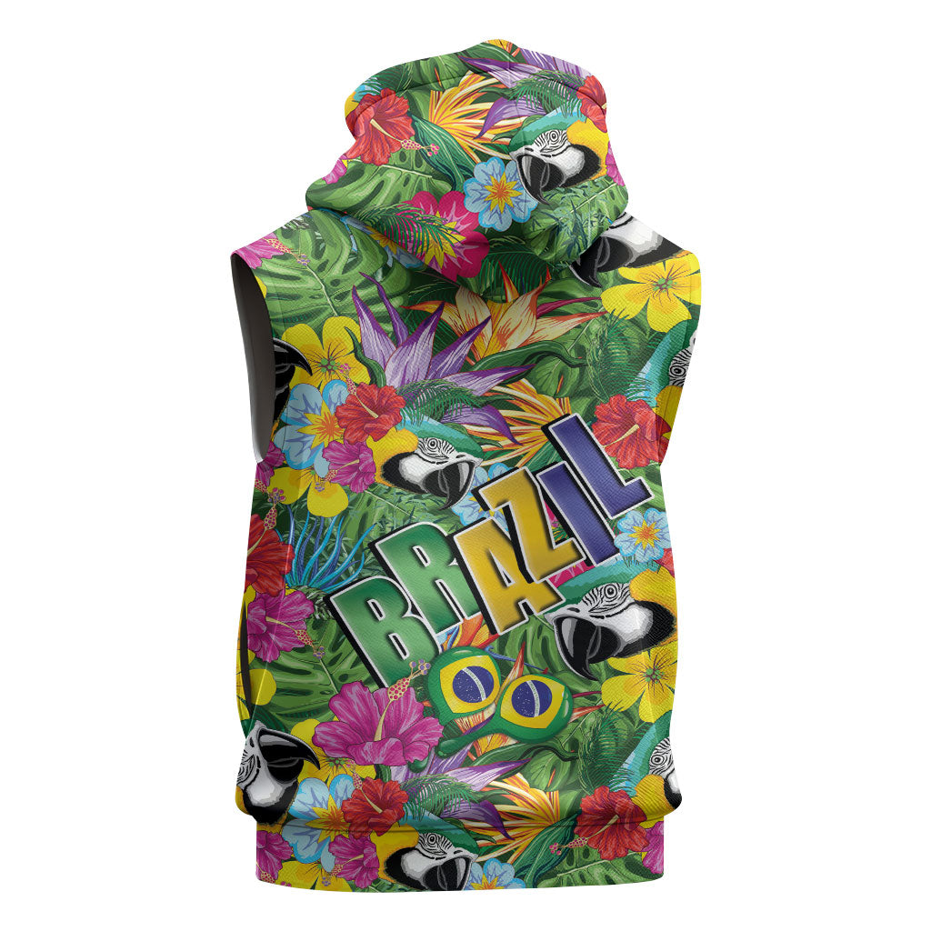 Macaw Parrot Brazil Sleeveless Zip Hoodie Maracas Seamless Tropical Flowers