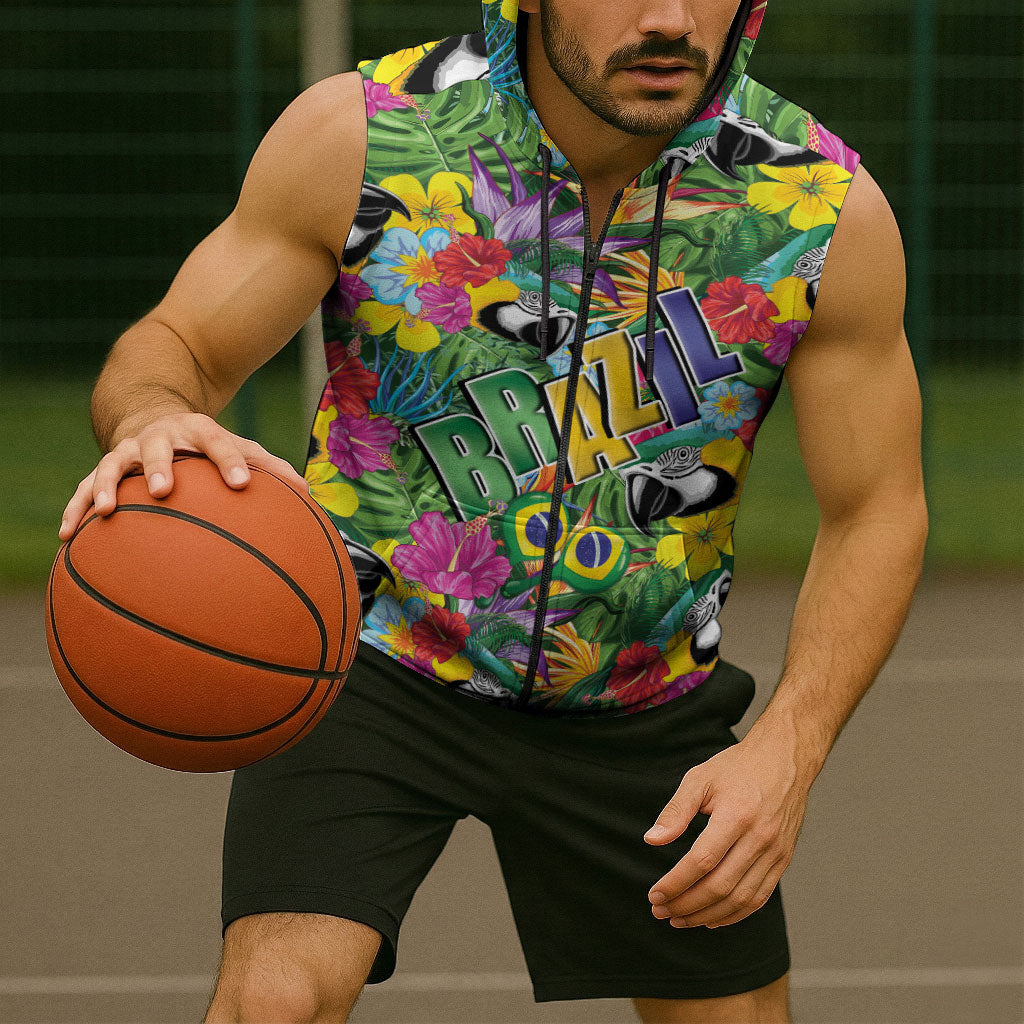 Macaw Parrot Brazil Sleeveless Zip Hoodie Maracas Seamless Tropical Flowers