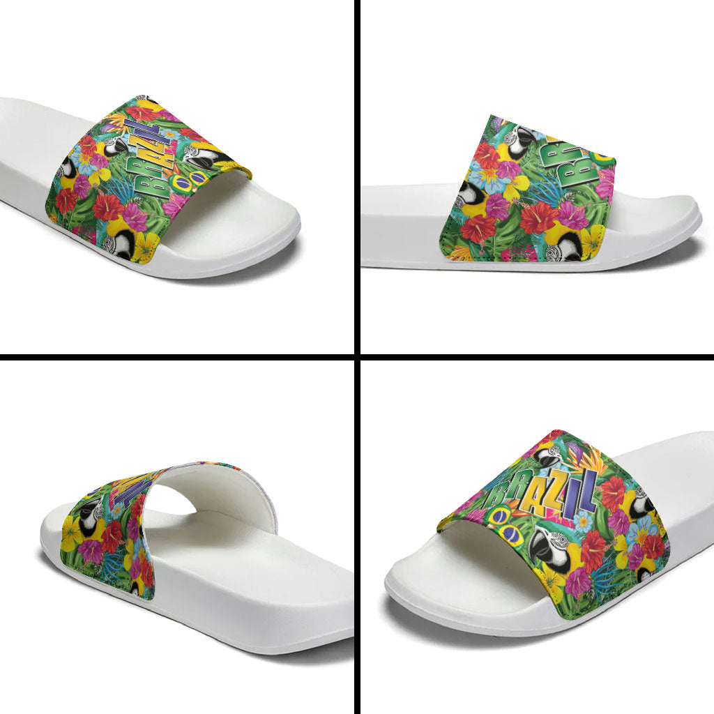 Macaw Parrot Brazil Slide Sandals Maracas Seamless Tropical Flowers